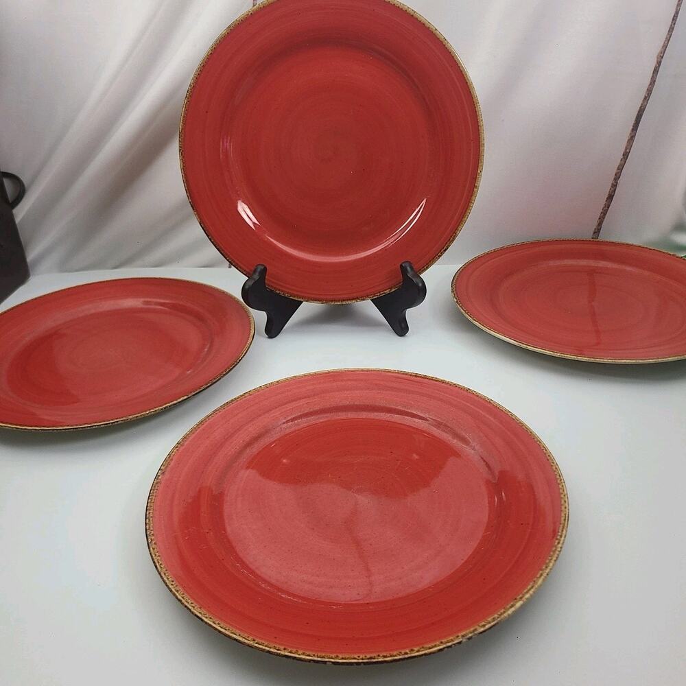 Lot Of 4 Thomson Pottery SEDONA 10.5” Dinner Plates: Red Swirl • Brown Rim
